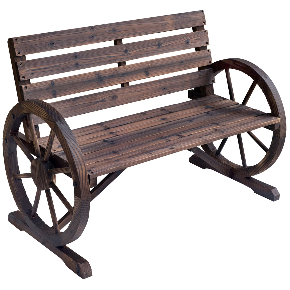 DUOSONG Outsunny 41" Wooden Wagon Wheel Bench, Rustic Outdoor Patio Weather Resistance Furniture, 2-Person Slatted Seat Bench With Backrest, Carbonized Brown Wood Garden & Outdoor Outdoor & Patio