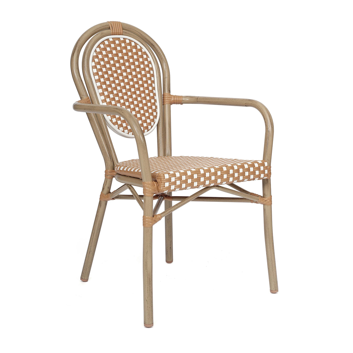 Merrick Lane Stacking Thonet French Bistro Style Chair with Arms, Black & White PE Rattan Seat, and Bamboo Finished Metal Frame for Indoor/Outdoor Use
