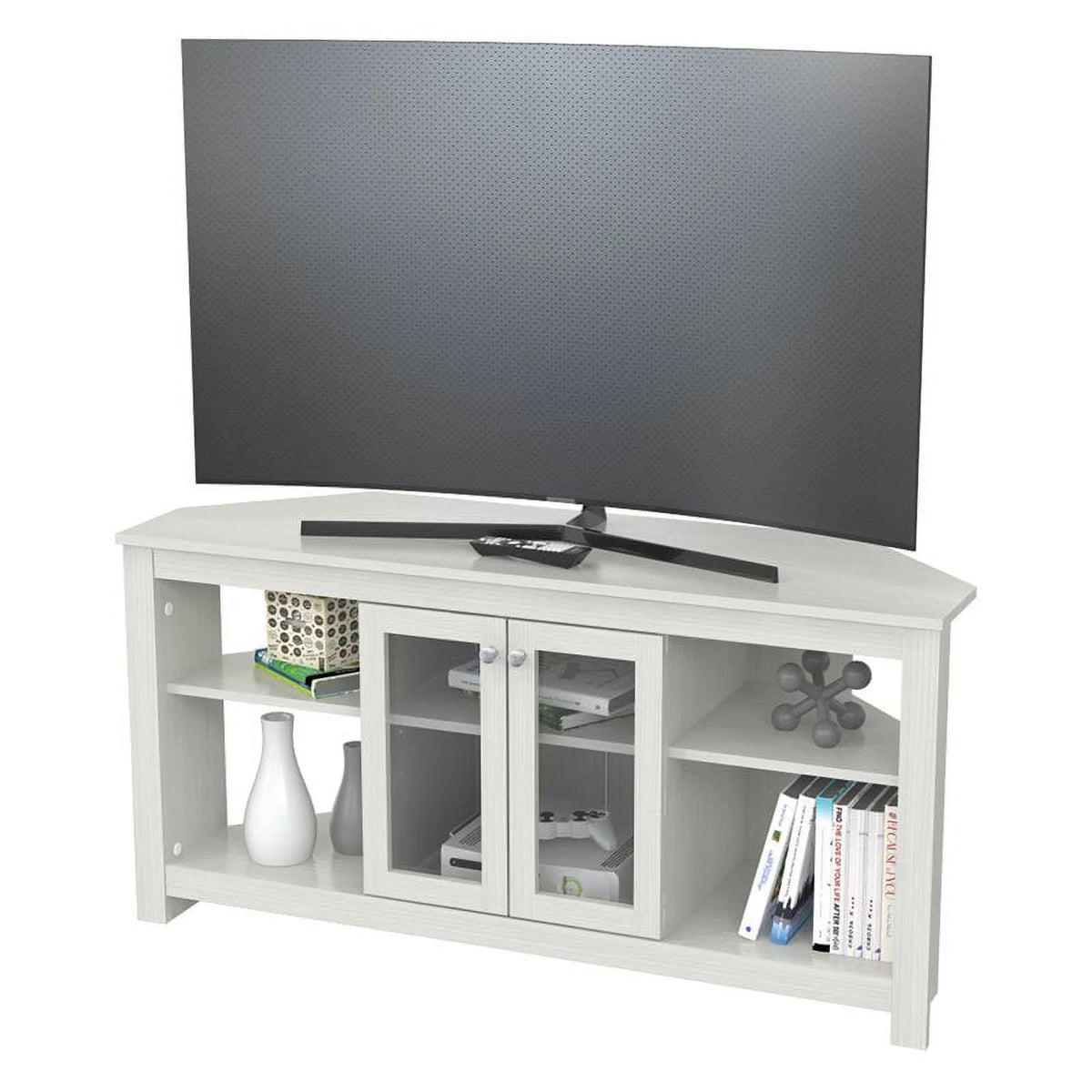 Inval Corner Laminate 60�� TV Stand with Glass Doors, White