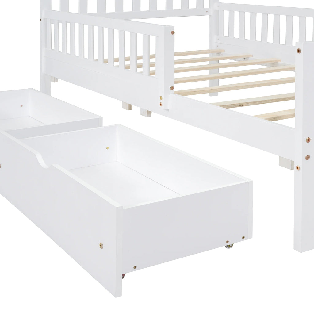 Bellemave Twin Bed with Storage Drawers and Fence Rails, Wood Platform Beds Frame with Headboard, Twin Size Storage Bed for Kids Boys Girls Teens��White)