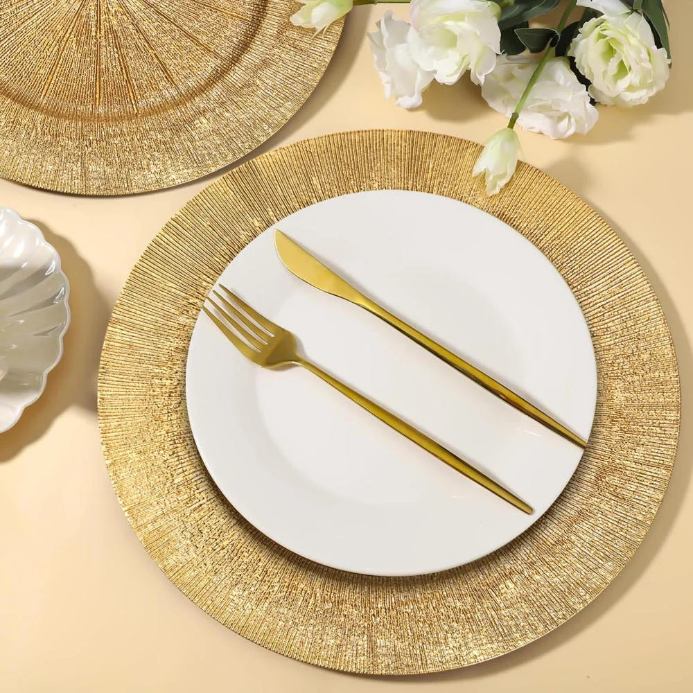 Antique Gold 13" Charger Plates - 100-Pack Plastic Dinnerware for Weddings, Holiday Tablescapes & Luxury Events