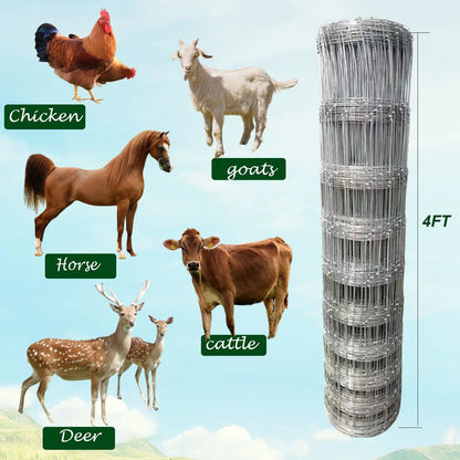 Farm Fence, 4ft x 164ft Galvanized Wire Fencing, Cattle Fence, Deer Fence, Heavy Zinc Coating Farm Fence Used to Hog Goat Fencing for Yard Garden and Field