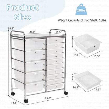 Costway 15 Drawer Rolling Storage Cart Tools Scrapbook Paper Office School Organizer White