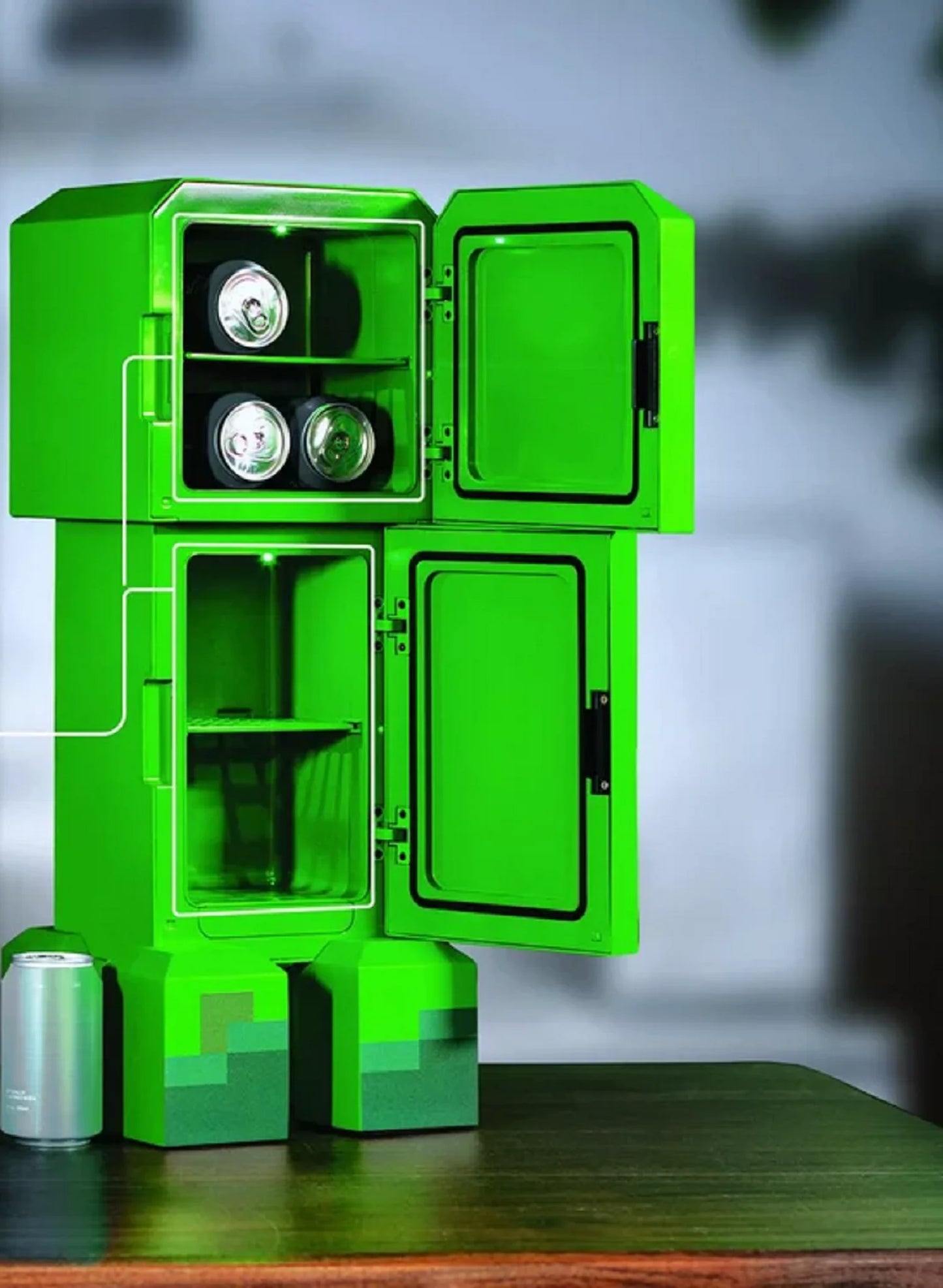 Minecraft Creeper Mini Fridge 2 Door, 8L, Green, 25.2" H 9.5" W 9.1" D