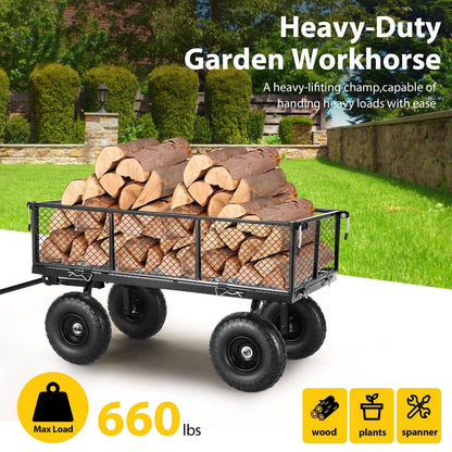 Farmdex Steel Mesh Garden Cart with 10" Tires Wagon Cart Newest Garden Utility Carts Heavy Duty 660LBS Capacity Folding Utility Wagon with Removable Sides, Garden Wagon for Yard