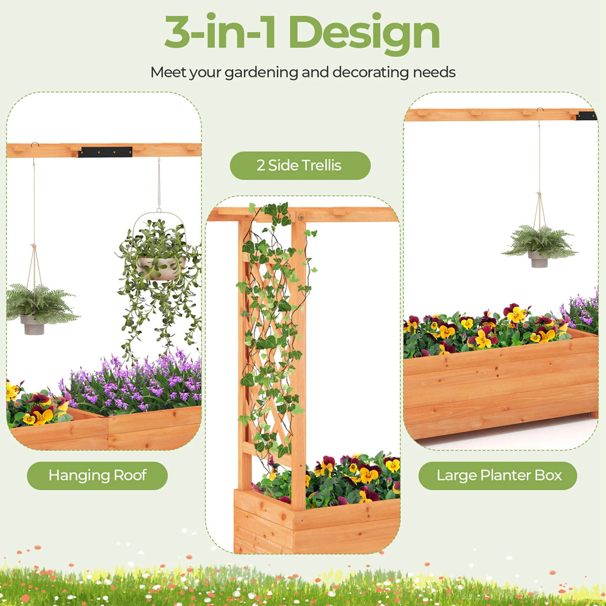 Costway 1 PCS Raised Garden Bed with Trellis Hanging Roof Planter Box Drainage Holes for Patio