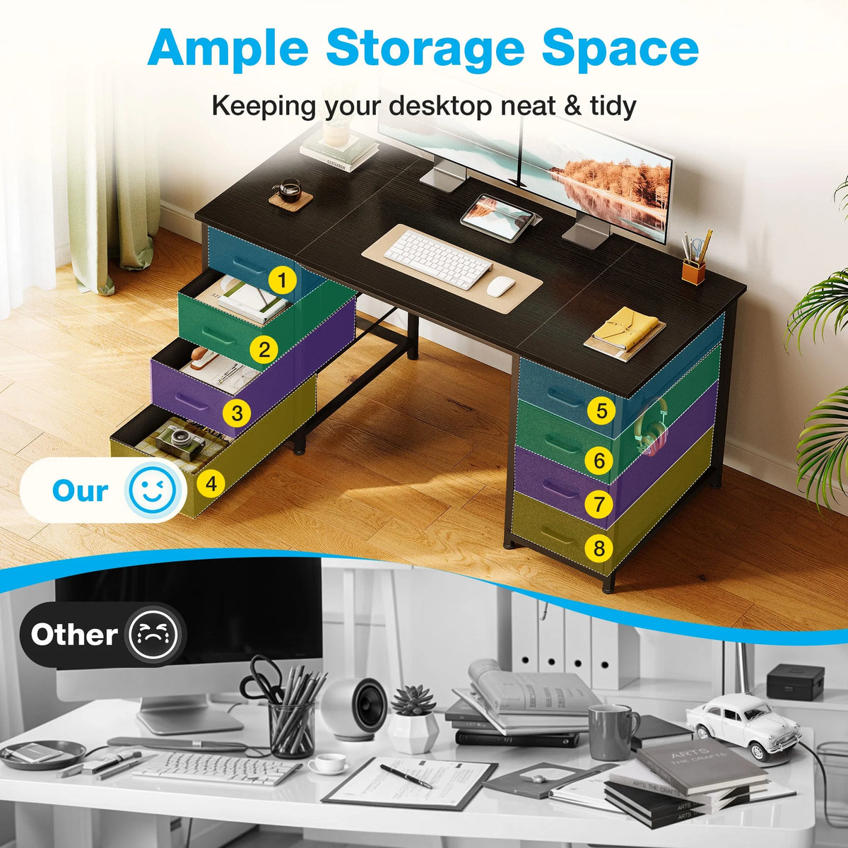 White Computer Desk with Drawers for Storage - 48 inch Home Office Desk with 8 Fabric Drawers, Writing Study Desk with Drawers on Both Sides for Bedroom