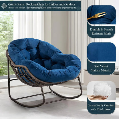 Outdoor Papasan Rocking Chair, Patio Oversized Wicker Egg Rocking Chair, Indoor & Outdoor Comfy Rocker Chair with Thick Cushion, Modern Lounge Chair for Front Porch, Garden, Backyard, Grey