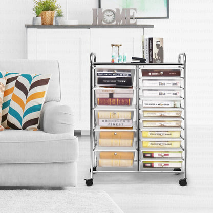 Costway 15 Drawer Rolling Storage Cart Tools Scrapbook Paper Office School Organizer White