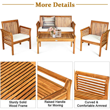 Costway 4 PCS Outdoor Acacia Wood Sofa Furniture Set Cushioned Chair Coffee Table Garden