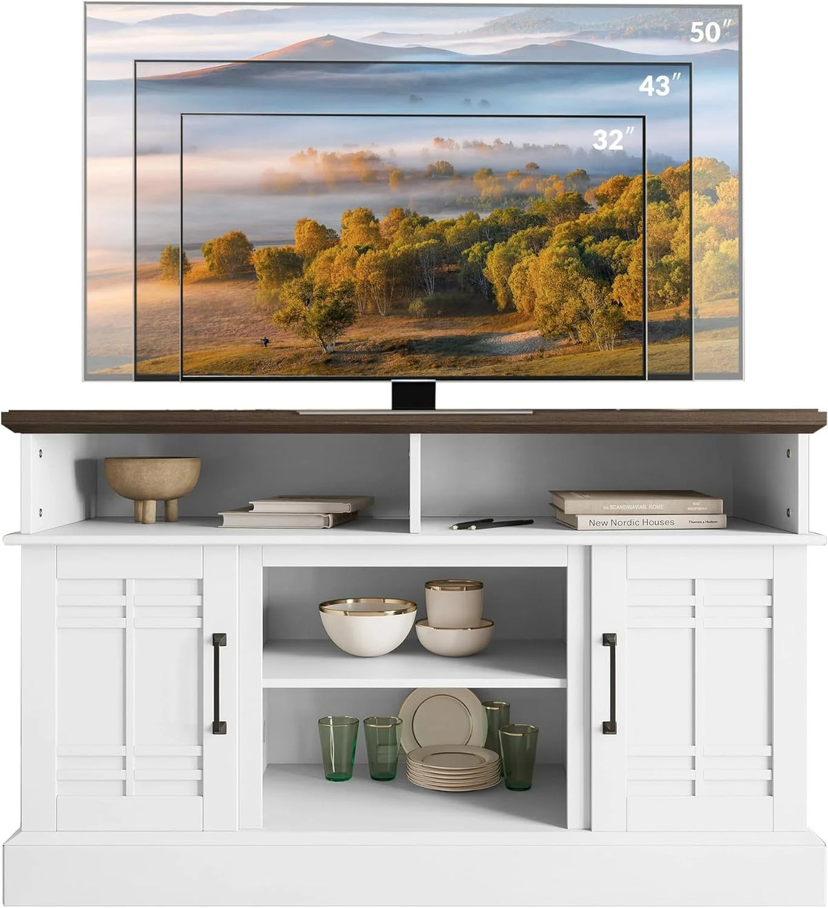 Modern 48" Farmhouse Wood TV Stand & Media Entertainment Center Console Table for TVs up to 50 Inch with Open Storage Shelves & Cabinets - Norrell (Espresso)
