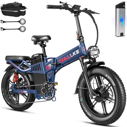 Wallke H9 AWD 3200W Dual Motor Electric Bike for Adult, 82Ah 48V Dual Battery Long Range e-Bicycle, 31-34MPH Fast Ebike, 20" Fat Tire Offroad Full Suspension Folding, 3mm Aluminum Alloy Frame,UL2849