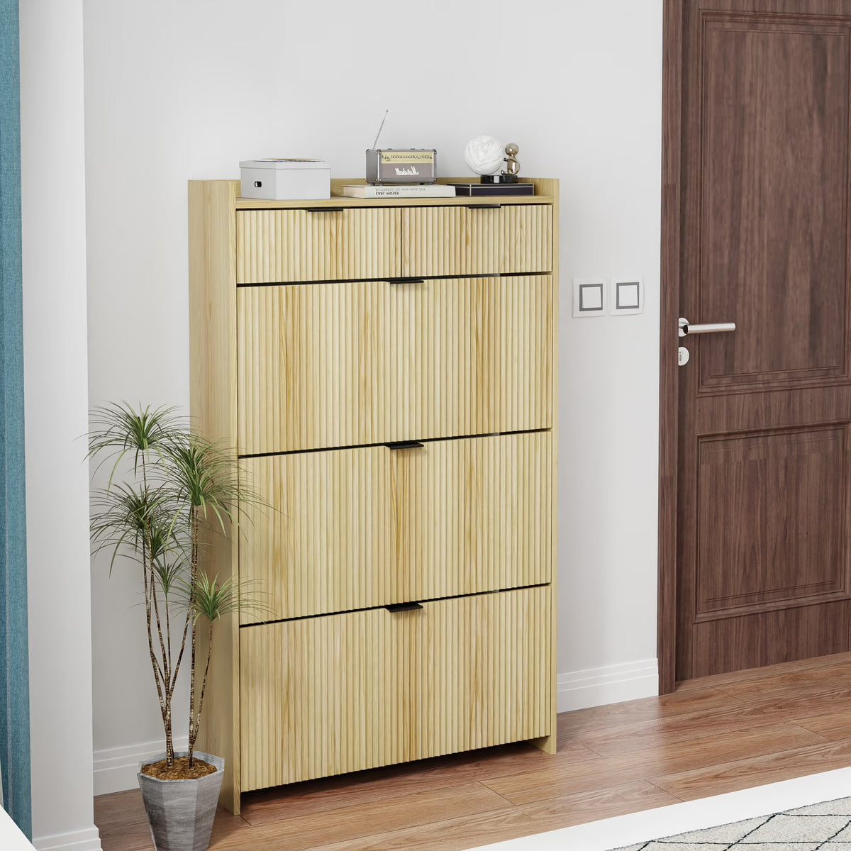 Shoe Cabinet, Free Standing Tipping Bucket Shoe Rack Organizer with 3 Flip Drawers, Modern Entryway Narrow Shoe Rack with 2 Drawers & Top Storage, for Hallway Bedroom, Walnut