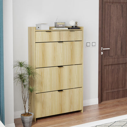 Shoe Cabinet, Free Standing Tipping Bucket Shoe Rack Organizer with 3 Flip Drawers, Modern Entryway Narrow Shoe Rack with 2 Drawers & Top Storage, for Hallway Bedroom, Walnut