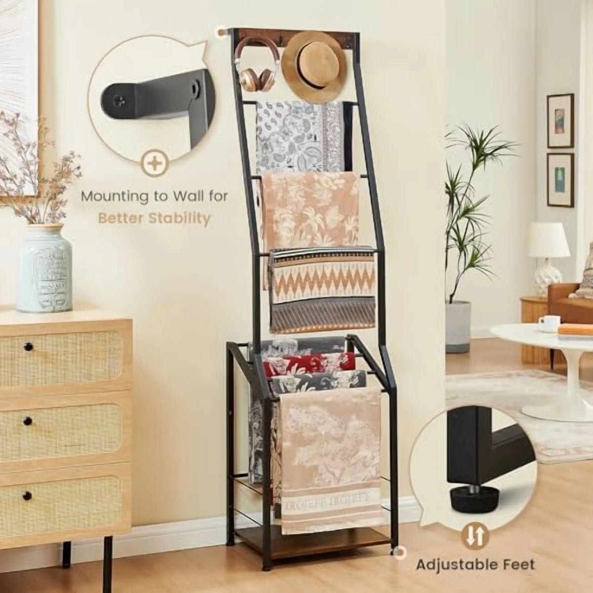 Blanket Ladder, 7 Tier Blanket Ladders for The Living Room,Wooden Ladder Shelf with Hooks, 5.5ft Blanket Holder Rack Farmhouse Ladder Rack for Storage and Home Decor, Rustic Brown and Black