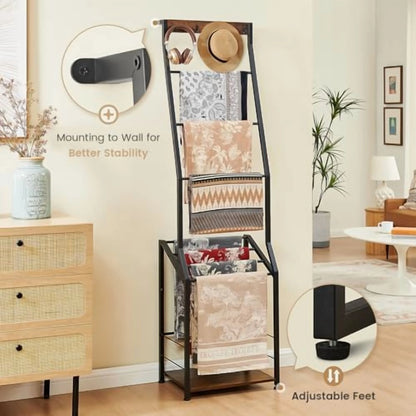 Blanket Ladder, 7 Tier Blanket Ladders for The Living Room,Wooden Ladder Shelf with Hooks, 5.5ft Blanket Holder Rack Farmhouse Ladder Rack for Storage and Home Decor, Rustic Brown and Black
