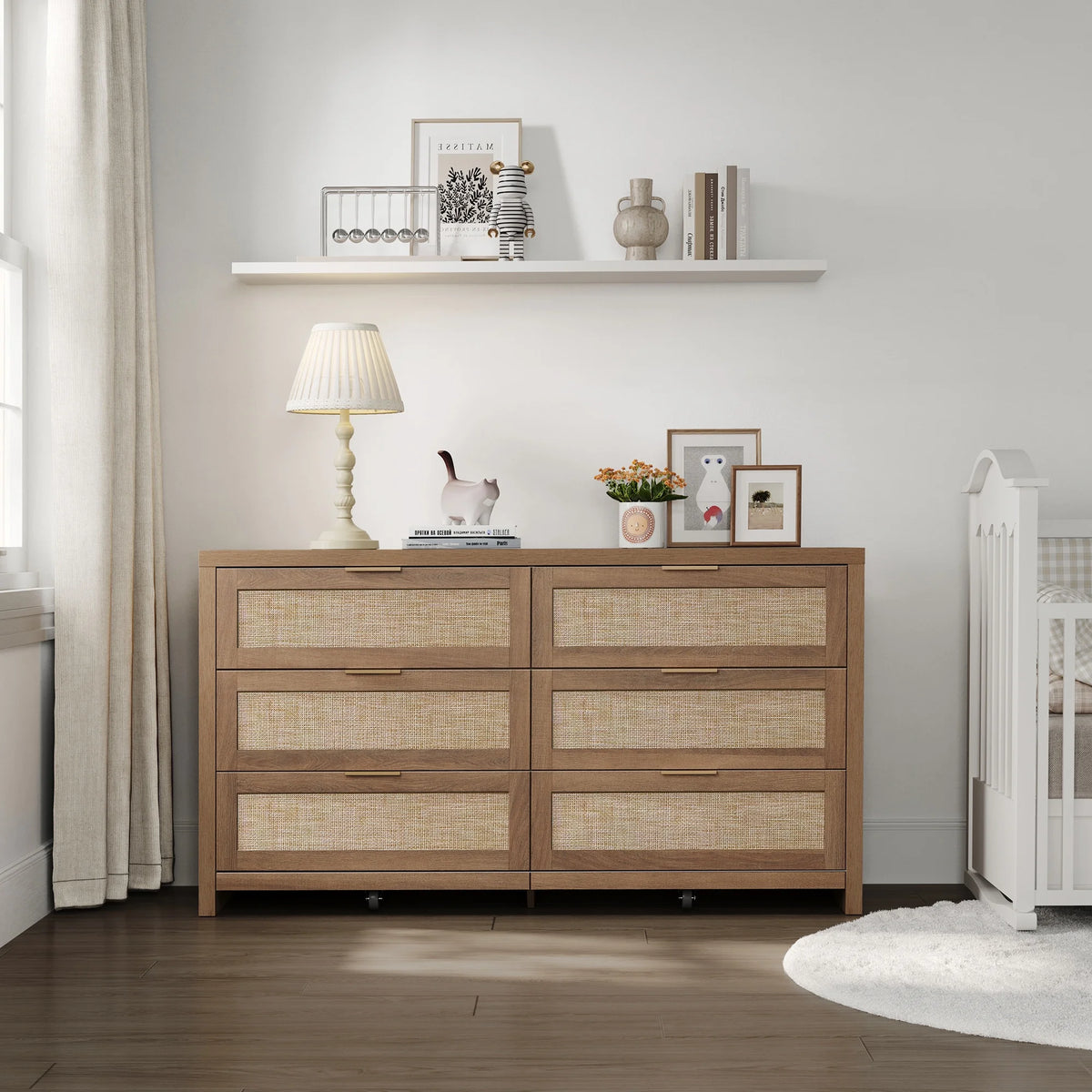 SICOTAS 56.85" 6 Drawer Dresser,Rattan Dresser with Storage,Boho Dressers & Chests of Drawers Wooden Tall  Dresser for Bedroom