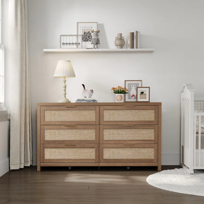 SICOTAS 56.85" 6 Drawer Dresser,Rattan Dresser with Storage,Boho Dressers & Chests of Drawers Wooden Tall  Dresser for Bedroom