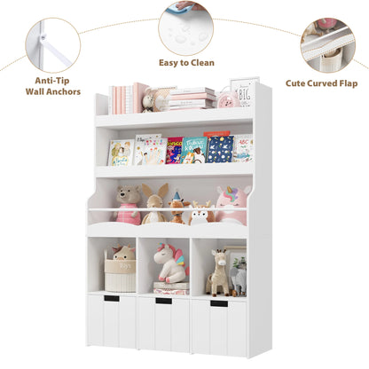 Homfa 55.5�� H Kids Bookshelf with 2-Tier Book Shelves, Children Toy Organizer with 3 Cubes and Removable Drawers, White