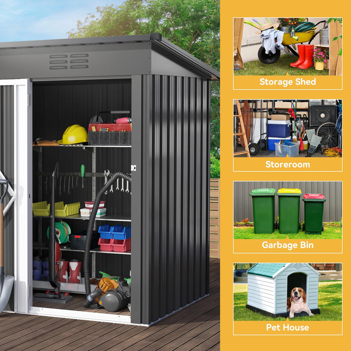 UFORIC 5x3ft Outdoor Storage Shed,Metal Garden Organizer, Lockable Door,Backyard,Garden,Dark Gray