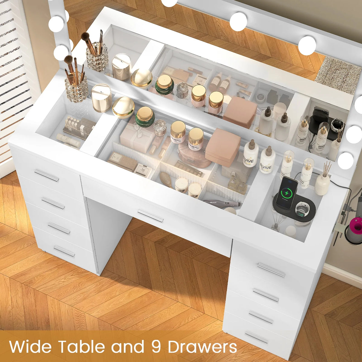 TEENFON 46" Vanity Desk with Large Lighted Mirror and Power Outlet, Makeup Vanity with 9 Drawers and Glass Desktop, Vanity Table for Bedroom, White