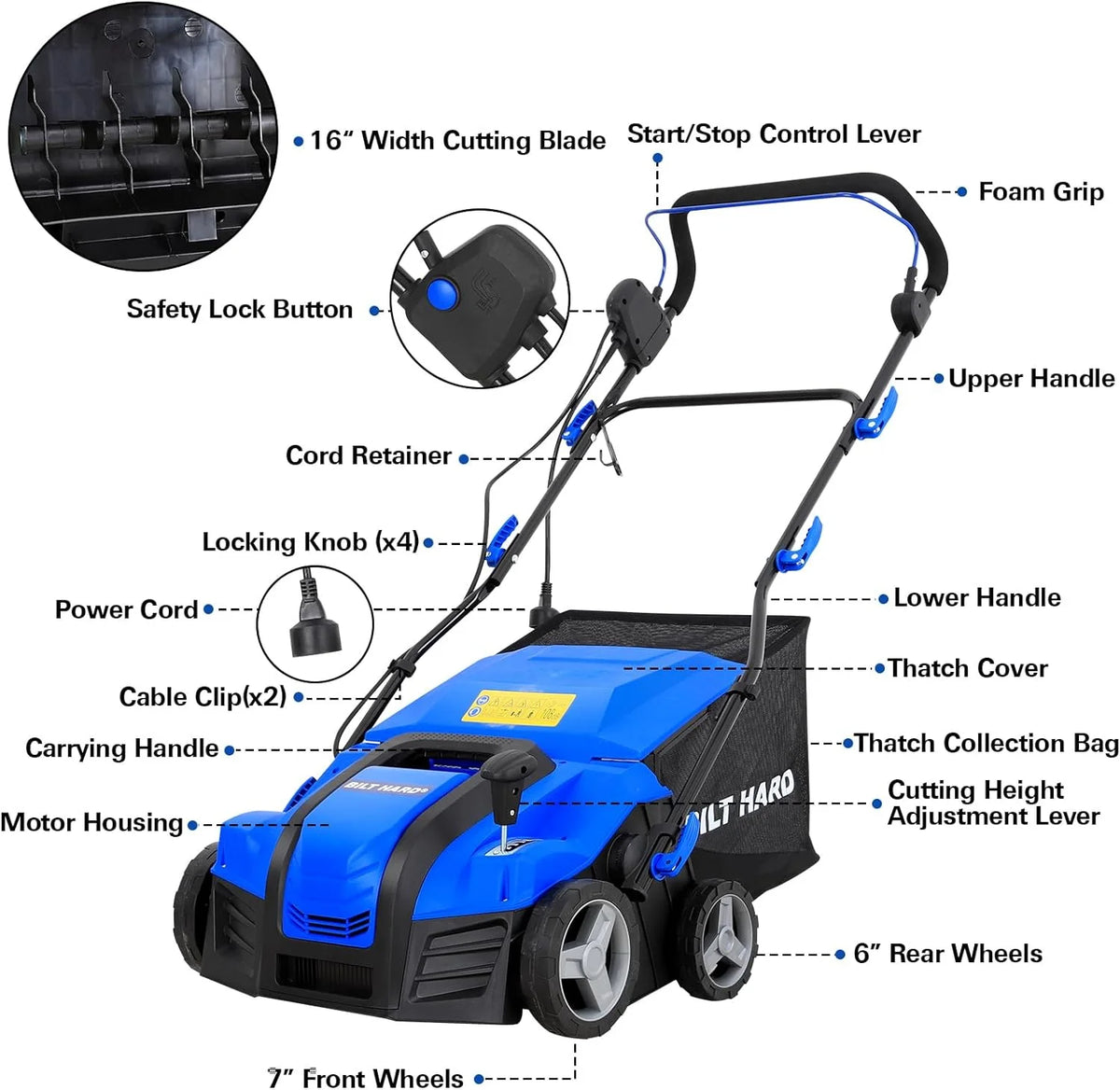 BILT HARD Dethatcher Scarifier Electric Powered, 12 Amp Copper Motor 13 inch Raking Width with 8 gal Thatch Bag