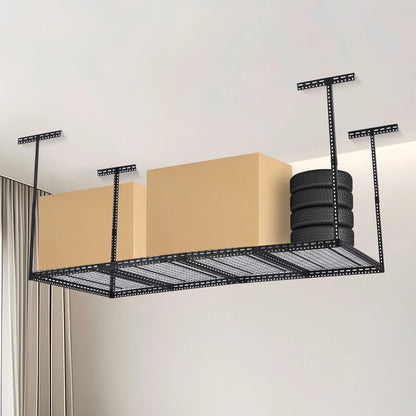 Overhead Garage Storage Rack - Heavy Duty 300kg Capacity, Adjustable 56-100cm Height, 180x120cm Black Steel Shelving with Hooks for Garage Organization