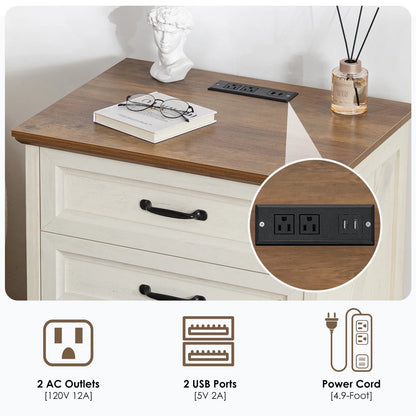Hommpa Farmhouse 3 Drawers Nightstand with Charging Station, Rustic Wood Night Stand with Drawers for Bedroom, Vintage Bedside Table Small Dresser Chest of Drawers for Living Room, White