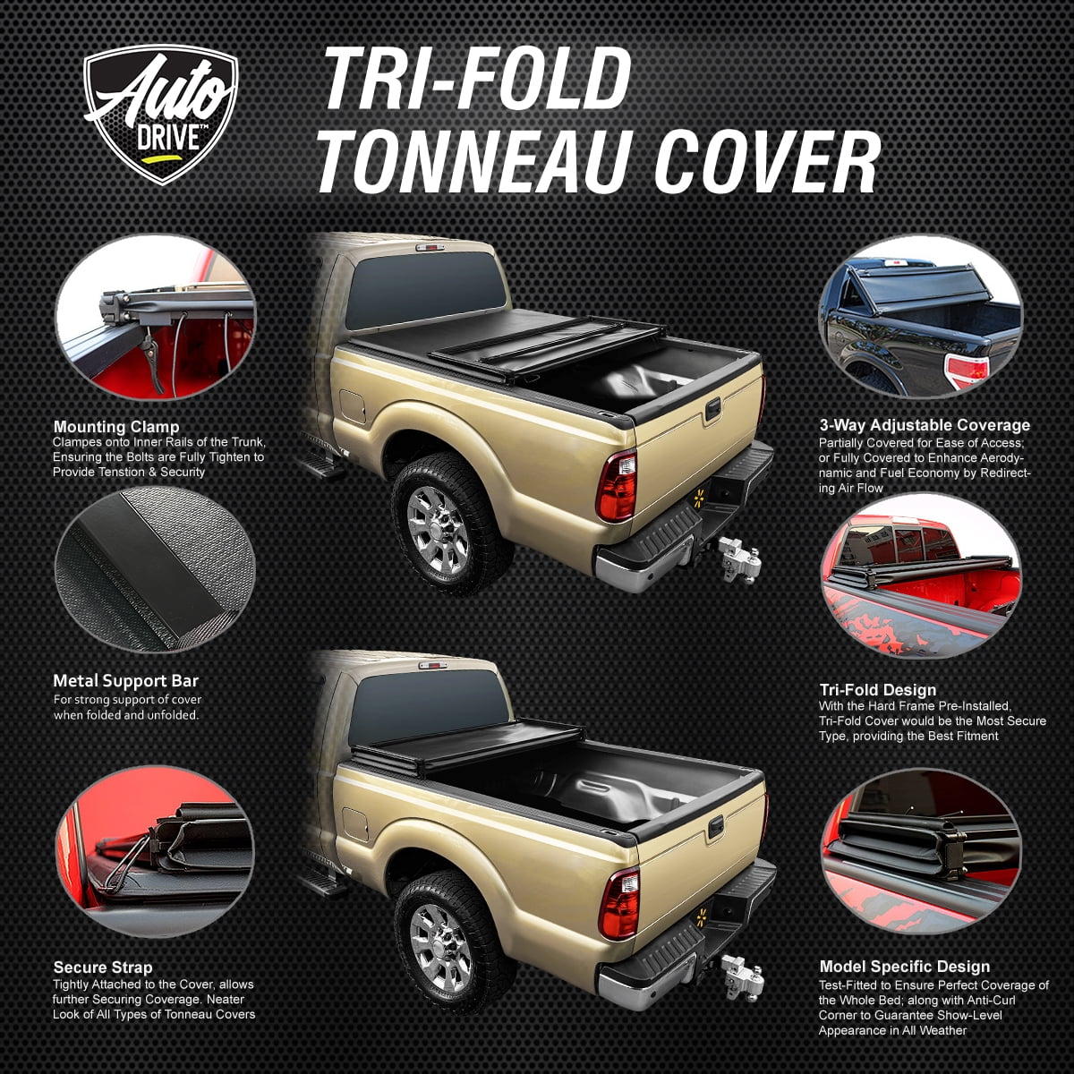 Auto Drive Soft Tri Fold Truck Bed Tonneau Cover Fits Ford Ranger 6' Short Bed 1982-2011