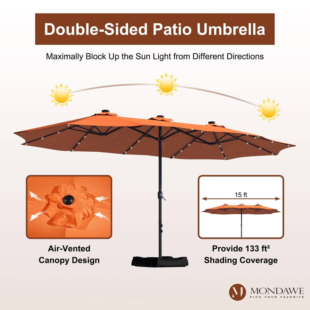 Mondawe 15ft Patio Umbrella Rectangular Outdoor Market Umbrella with Base and LED Lights Beige