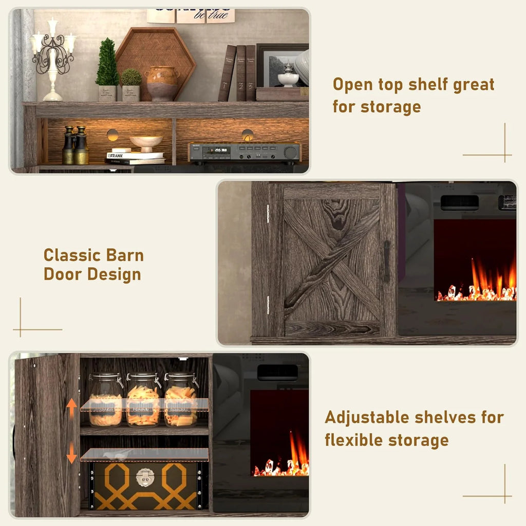 ChVans 70" Fireplace TV Stand for TVs up to 80" with 36" Electric Fireplace, Farmhouse Entertainment Center with LED, Wooden Media Console for Living Room, Bedroom