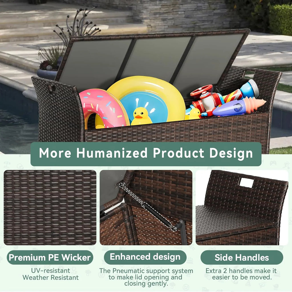 SOLAURA 90 Gallon Patio Wicker Storage Bench w/Cushion, Outdoor Rattan Deck Storage Box w/Handles & Hydraulics, Gray