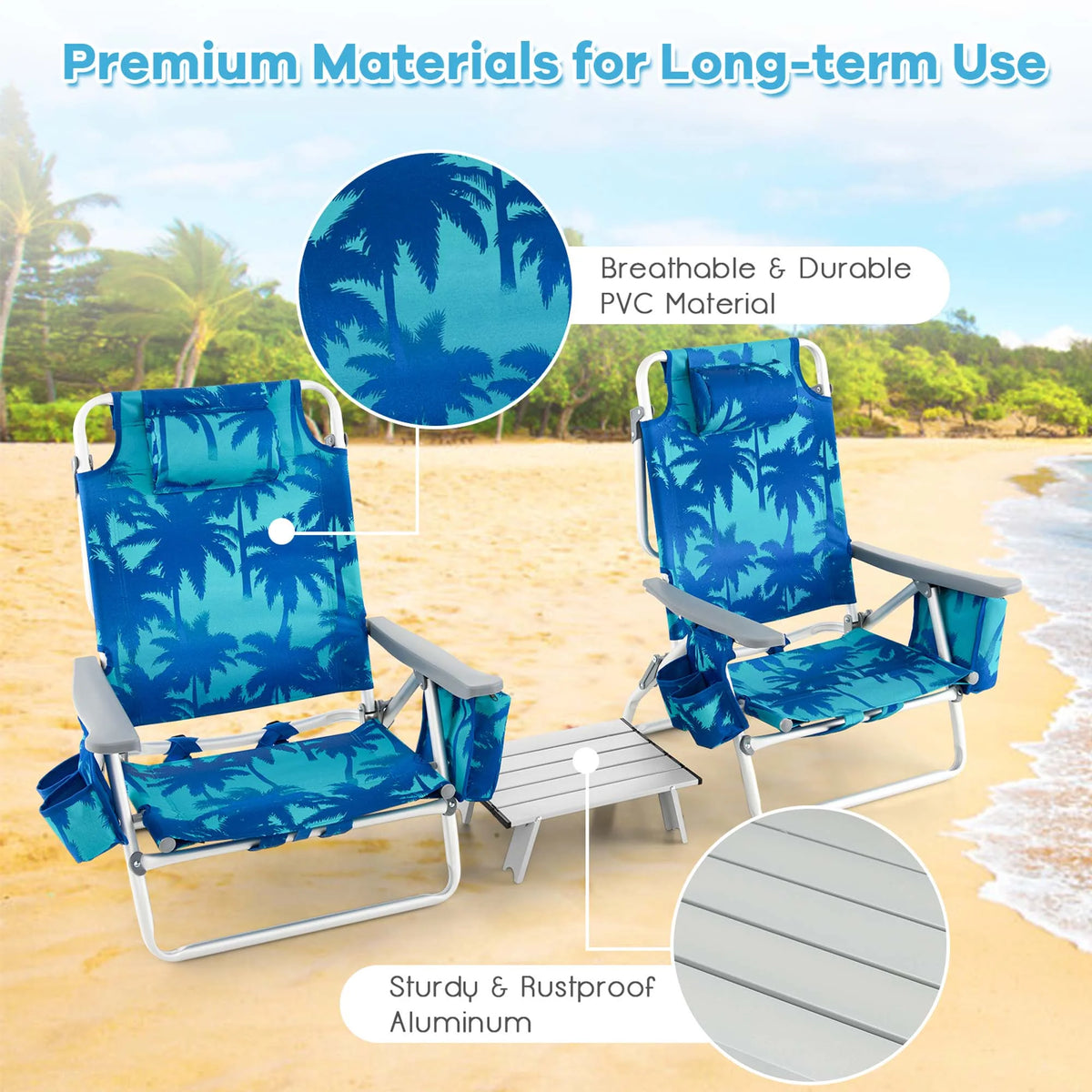 Costway 2-Pack Folding Backpack Beach Chair Table Set 5-Position Outdoor Reclining Chair Pink