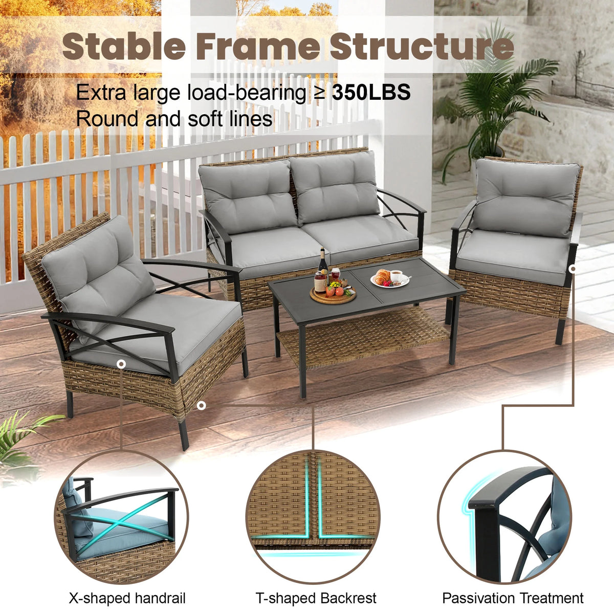 Heavy-duty Patio Furniture Set, 4 Piece Outdoor Sectional Conversation Sets, BrownPE Rattan Patio Sofa Set with Blue Cushions
