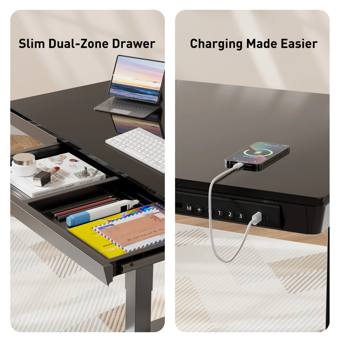 CHITOOMA Glass Top Electric Standing Desk with Drawer, 48'' x 24'' Electric Height Adjustable Desk with USB Charging Ports, Sit Stand up for Home Office