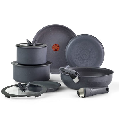 T-fal Ingenio Essentials Nonstick, 11 Piece Cookware Set, Detachable Handle, Oven, Broiler, Dishwasher Safe, RV, Grey Granite