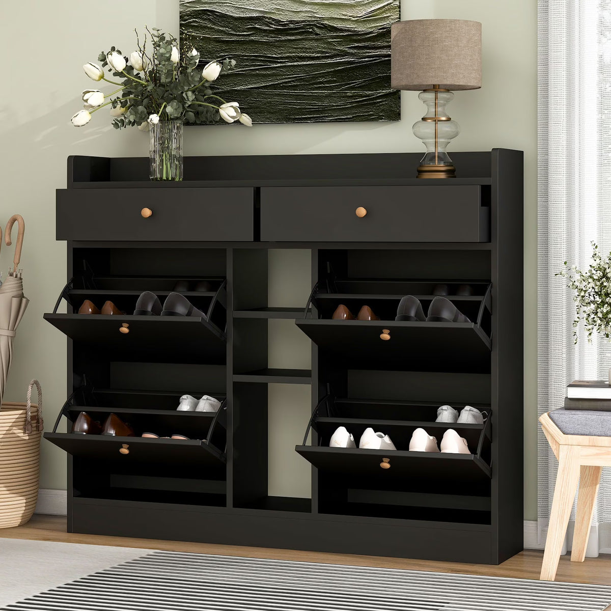 Aukfa Shoe Cabinet with 4 Flip Drawers and 2 Storage Drawers- Black