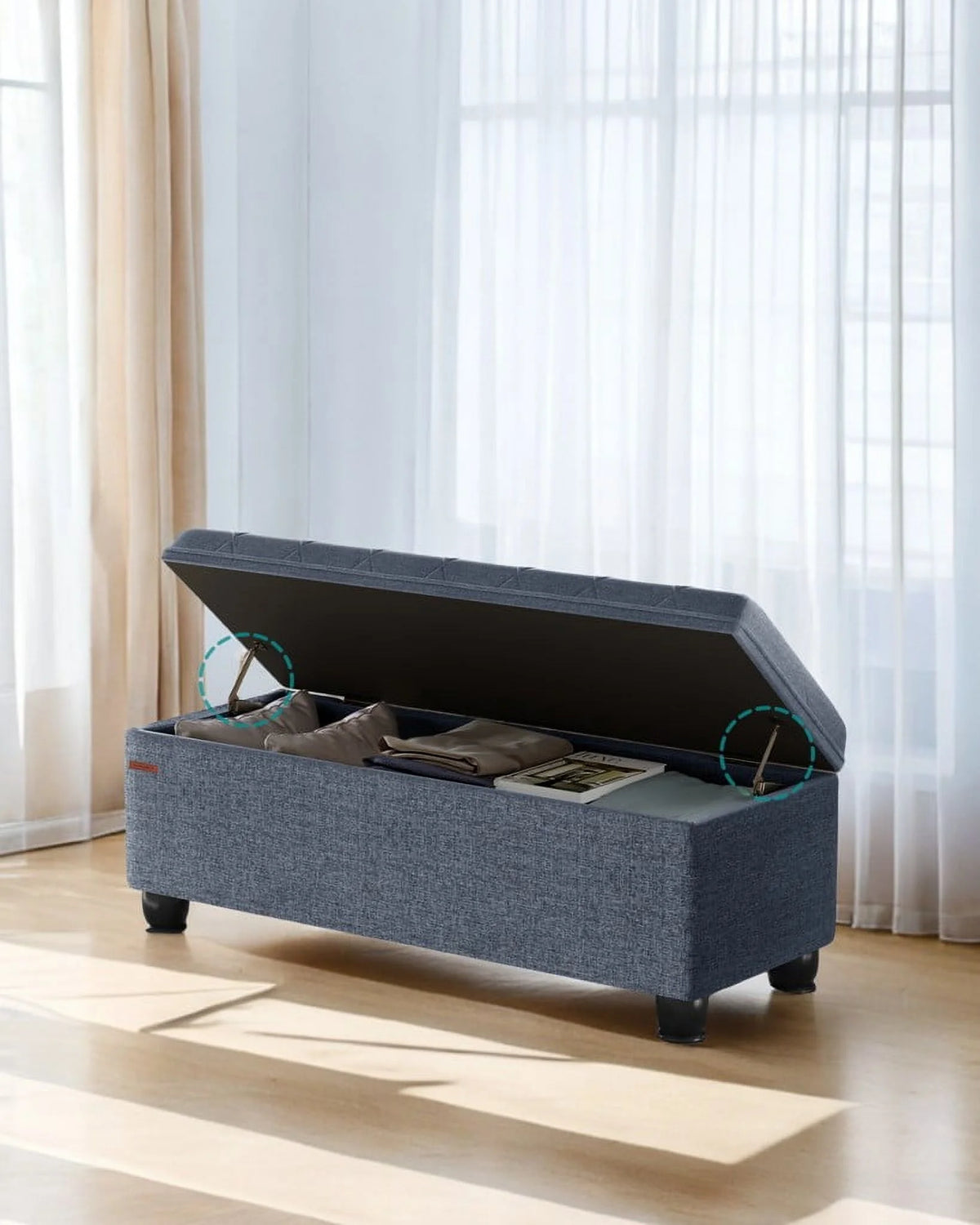SONGMICS 46.5" Storage Ottoman Bench Storage Bench Bedroom Bench 330lb Load Capacity Solid Wood Legs Light Gray