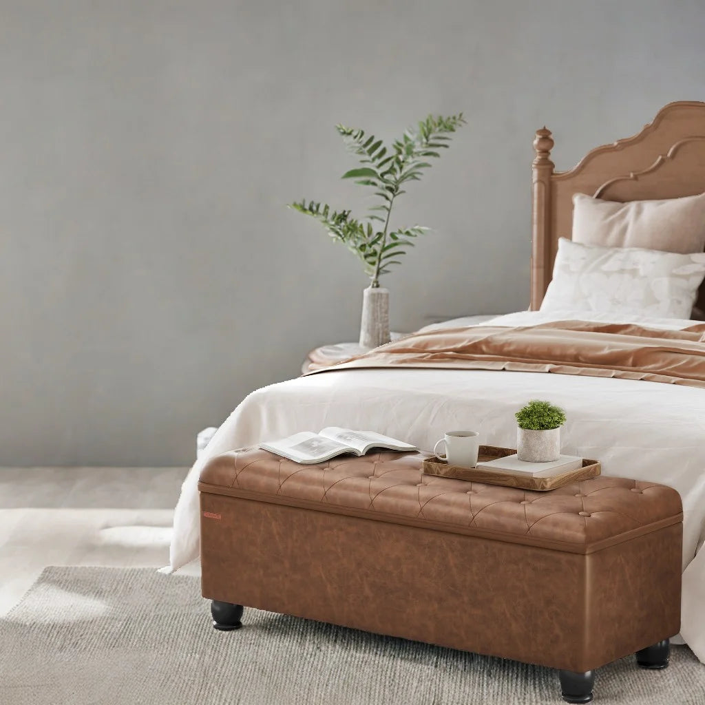 SONGMICS 46.5" Storage Ottoman Bench Storage Bench Bedroom Bench 330lb Load Capacity Solid Wood Legs Light Gray
