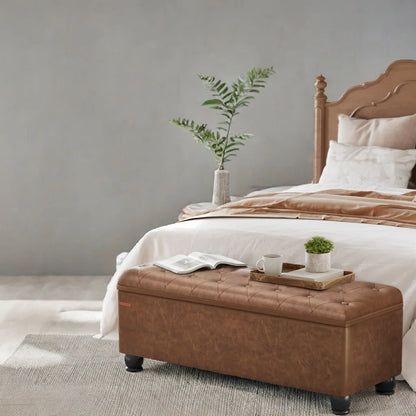 SONGMICS 46.5" Storage Ottoman Bench Storage Bench Bedroom Bench 330lb Load Capacity Solid Wood Legs Light Gray