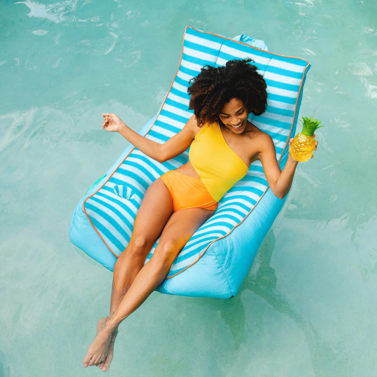 Big Joe Captain's Float No Inflation Needed Pool Lounger with Drink Holder, Tropical Hibiscus Aqua Double Sided Mesh, Quick Draining Fabric, 3 feet