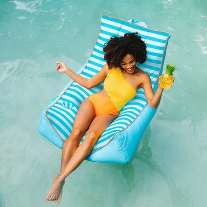 Big Joe Captain's Float No Inflation Needed Pool Lounger with Drink Holder, Tropical Hibiscus Aqua Double Sided Mesh, Quick Draining Fabric, 3 feet