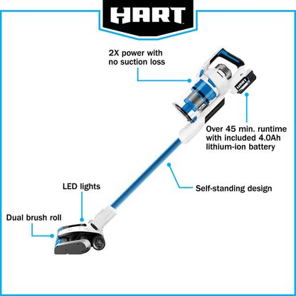 HART 20-Volt Dual Brushroll Stick Vacuum Kit, (1) 4.0 Ah Lithium-Ion Battery