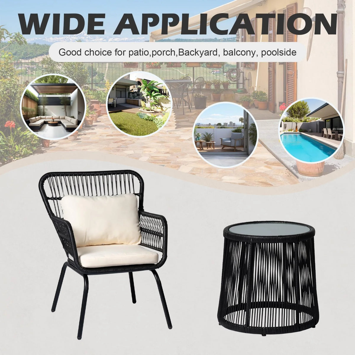 Tappio 3-Piece Patio Conversation Bistro Set Rattan Furniture, Outdoor Patio Set w/Glass Top Table & Cushions for Garden Balcony Backyard Poolside, Yellow/Beige