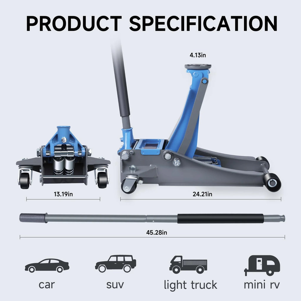 3 Ton Heavy Duty Floor Jack, Fast Lift & Stable Support, Carbon Steel Automotive Jack with Wheels, Max Lift 18.15" for Car and Truck Repair, Blue