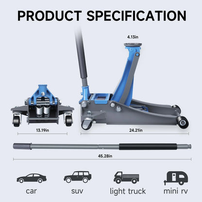 3 Ton Heavy Duty Floor Jack, Fast Lift & Stable Support, Carbon Steel Automotive Jack with Wheels, Max Lift 18.15" for Car and Truck Repair, Blue