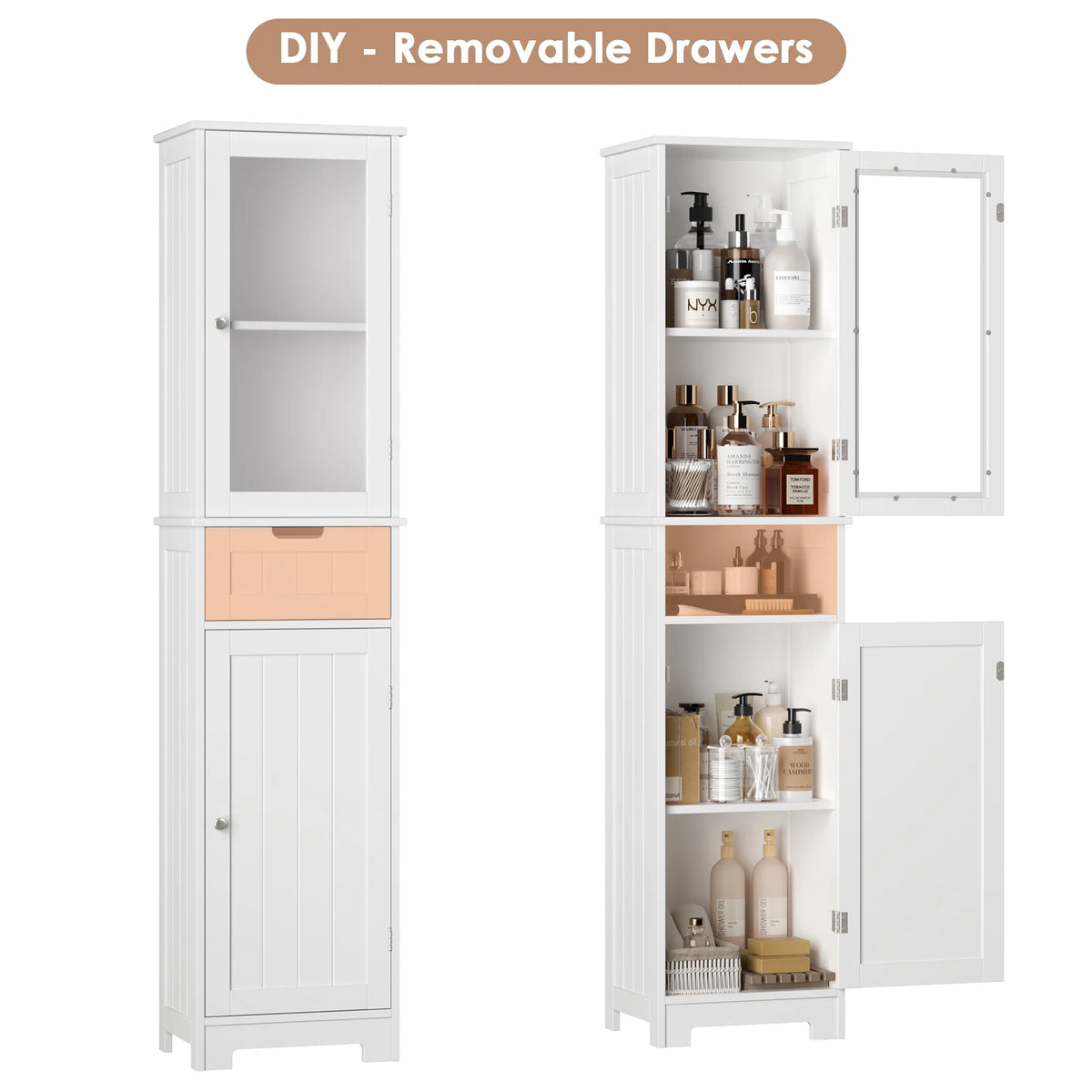 Homfa Bathroom Storage Tower, Narrow Linen Cabinet with Door and Drawers, Tall Bathroom Storage Cabinet for Small Spaces, White