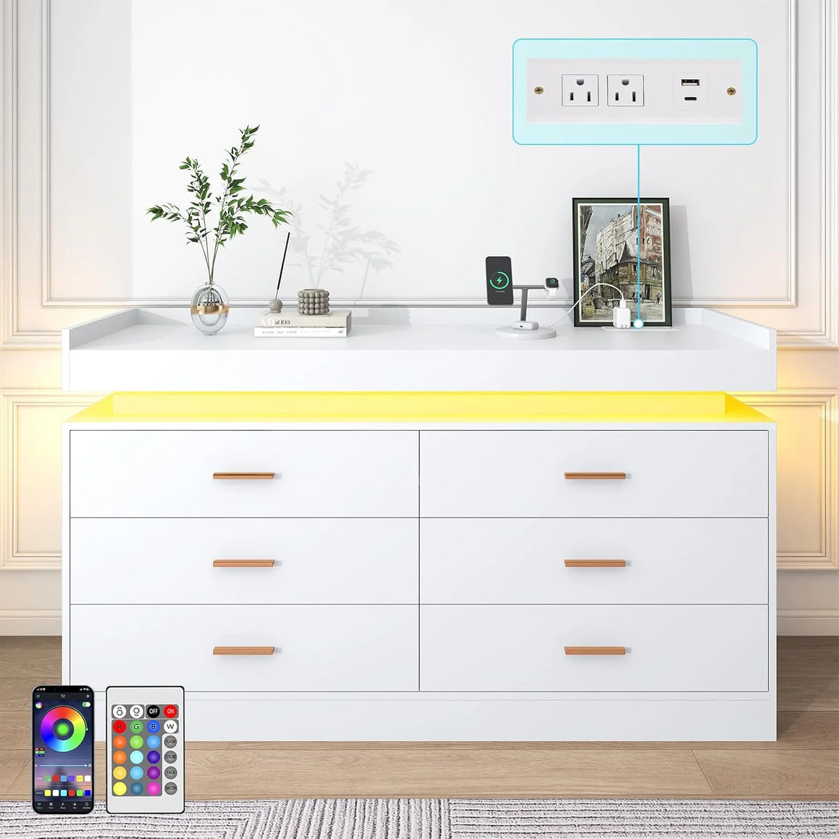 ANPOO 9 Drawer Dresser with LED Lights and Charging Station, Modern Double Wide Chest of Drawers with Power Outlet for Bedroom, Living Room