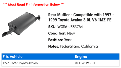 Rear Muffler - Compatible with 1997 - 1999 Toyota Avalon 3.0L V6 1MZ-FE 1998