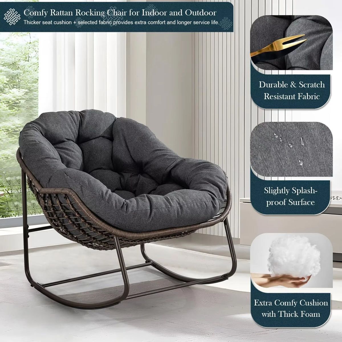 Outdoor Papasan Rocking Chair, Patio Oversized Wicker Egg Rocking Chair, Indoor & Outdoor Comfy Rocker Chair with Thick Cushion, Modern Lounge Chair for Front Porch, Garden, Backyard, Grey